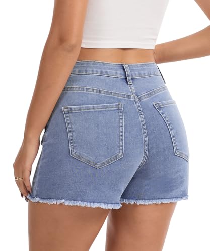 Image of VIPONES Women Mid Rise Jeans Shorts Frayed Raw Hem Summer Stretchy Casual Denim Shorts