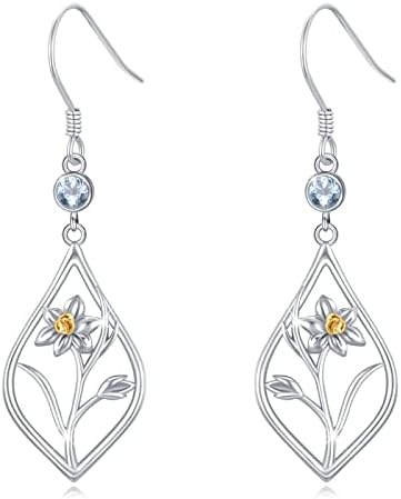 Birth Flower Earrings Sterling Silver Daffodil Earrings March Birthstone Earrings Aquamarine Earrings Flower Jewelry Birthstone Gifts for Women Girls Birthday Halloween Christmas