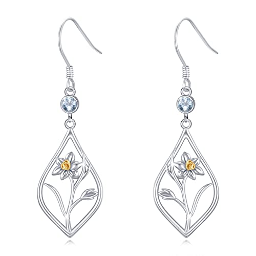 Birth Flower Earrings Sterling Silver Daffodil Earrings March Birthstone Earrings Aquamarine Earrings Flower Jewelry Birthstone Gifts For Women Girls Birthday Halloween Christmas #TOP10
