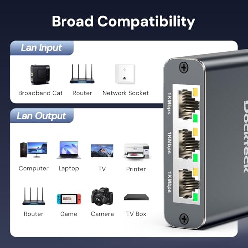 Image of Ethernet Splitter 1 to 3 1000Mbps, Dockteck Internet Cable Splitter 1 in 3 Out High Speed Switch Network Gigabit for LAN RJ45 Port Router Switch Work with Cat5 /5e /6 /7 /8 Cable(Silver Grey)