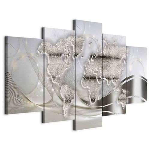 B&D XXL - Tableau Acoustique Carte du Monde 100x50 cm 5 Parties - Décoration Isolation Phonique Bureau Chambre Panneau Insonorisant Impression sur Toile - Artistique Blanc Beige k-C-0133-b-m