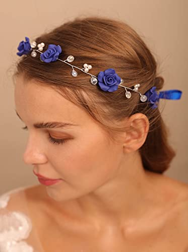 Teyglen Women Bride Wedding Blue Crystals Headband Hair Vine Handmade Bridal Navy Blue Flower Headband Wedding Hair Accessories For Brides Hair Pieces Girl Headpieces For Women And Bride #TOP1