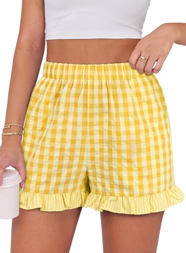 EVALESS Boxer Shorts for Women Plaid Pajama Ruffle Shorts Fashion 2026 Summer Beach Bottoms Casual Lounge Sleep Gingham Shorts Cute y2k Clothes Elastic High Waist Cotton Short Yellow Cream Small