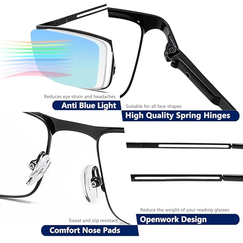 Louol Readers LR-LJSA08-QKGP-2.0 3 Pack Blue Light Blocking Reading Glasses For Men With Spring Hinge Metal Full Frame Lightweight Readers Classic Trend +2.0 thumb #2