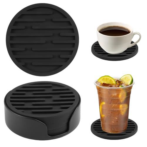 Set di 6 Sottobicchieri in Silicone con Righe Antiscivolo e Rack di Conservazione Neri – Resistente al Calore, Isolanti per Bicchieri da Vino, Birra e Caffè, – Accessori per Tavola e Bar
