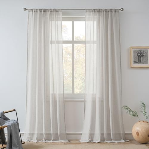 Image of FMFUNCTEX Linen Sheer Curtains for Bedroom, Grey Curtains 84 inches Long for Living Room, Gray Farmhouse French Flax Blend Window Draperies, Rod Pocket 2 Panels Set