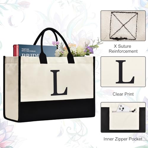Image of GASSDA Initial Canvas Tote Bag Birthdays Gift for Women Mom Teacher Friend Bridesmaid,Custom for Wedding Beach Holidays