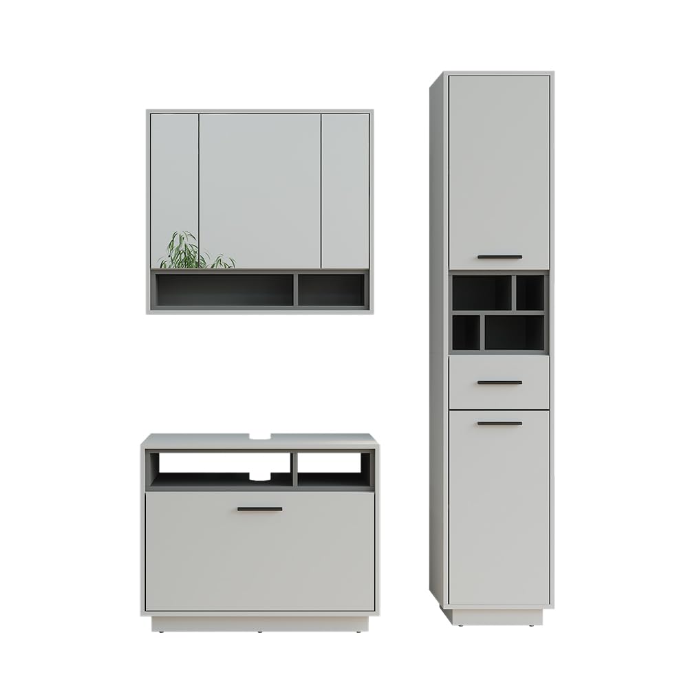 Vicco Badmöbel-Set Beatrice, Grau/Anthrazit, 80 cm, besteht aus Waschbeckenunterschrank, Spiegelschrank und Hochschrank