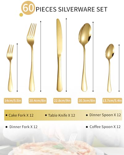 Besteck Set 12 Personen, 60-teiliges Goldenes Besteck, Hochglanzpoliert und Spülmaschinenfest, Elegantes Besteck Gold, mit Messer Gabel Löffel, für Haus, Party, Restaurant(Gold)