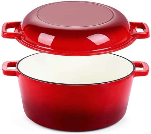 P&P CHEF 5Qt Dutch Oven Pot for Bread Baking (Red), 2 In 1 Round Cast Iron Dutch Oven with Lid Set, Skillet & Pot for Roasting Braising Stewing Frying Simmering, Multi Stoves & Oven Safe - Thumbnail 2