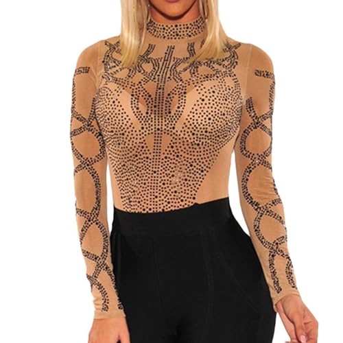 Generisch Maillot de mujer de manga larga con brillantes brillantes, para gimnasia, danza, con malla transparente, para patinar sobre hielo, ballet, sexy, elegante, de malla, encaje, fiesta, festival