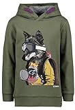 Cooler Jungen Hoodie mit Kapuze und Strickbündchen am Saumabschluss. Highlight des Kapuzenpulloves ist der große Wolfsprint im Brustbereich sowie die farblich abgesetzte Kapuze