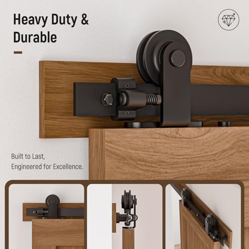 Image of CCJH 8FT Sliding Barn Door Hardware Kit, Heavy Duty, Smoothly and Silently, Easy to Install, Fit 24 inch Width Double Door Panel, T-Shaped Style Black