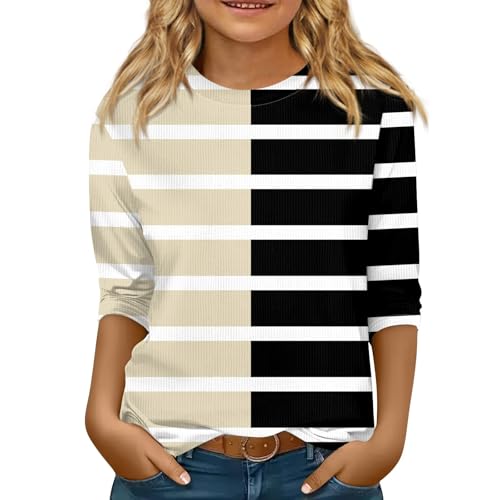3/4 Length Sleeve Shirts for Girls Round Neck Striped Color Block Print Casual Blouses Floral Print Tshirts