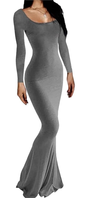 Rongseng Damen Langarm Maxikleid Figurbetontes Sexy Bodycon Kleid Eng Lang Stretch Weiche Freizeitkleid Fischschwanzkleider Elegant Einfarbig...
