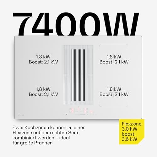 Bild 3 - Klarstein Velaire Induktionskochfeld mit Dunstabzug 80 cm – 4 Zonen, 8400W Boost, Flexzone, Touch-Slider, Timer, Kindersicherung, Restwärmeanzeige, integrierter Abzug