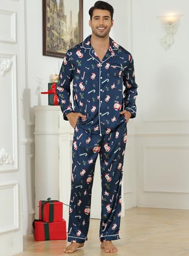 Image of Veseacky Mens Silk Satin Pajamas Set Short Sleeve Sleepwear Button-Down Pjs Sets Two-Pieces Loungewear with Pockets S-XXL