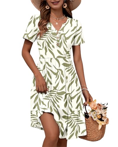 Image of WNEEDU Women V Neck Button Down Empire Waist Midi Summer Dress with Pockets