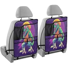 Car Backseat Organizer 2 Pack, Green Dinosaur Roller Skating Car Back Seat Organizers Backseat Protectors with Storage Pockets Kick Mats
