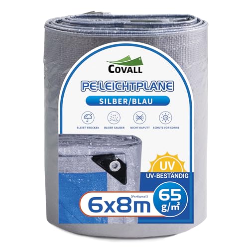 Covall Baustellenschutz 6x8m - Leichte PE-Plane 65g/m² Silber/Grau für Rohbausicherung und Materialabdeckung