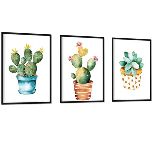 Nacnic ® - Set di 3 Poster cactus con fiori acquerellati - Stampe Decorative da Parete - Quadri Moderni per Soggiorno - Poster da parete di piante, foglie e natura A3-A4 - Senza Cornice