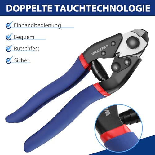 WORKPRO Drahtseilschneider Drahtschneider 190mm, Drahtseilschere Kabelschneider, Chrom-Vanadium-Stahl, Schneiden für Drahtseil Edelstahl Seil Fahrrad Bremshebel Kabel Reparatur