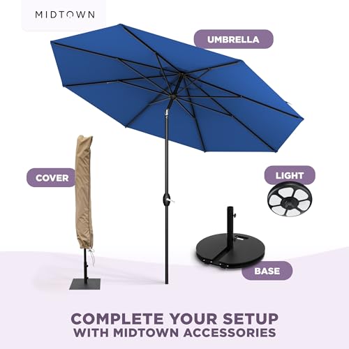 Image of Midtown Umbrellas - The Lean 10 Ft Patio Umbrella with 10-Year-No-Fade Acrylast Acrylic Fabric, Auto-Tilt and 8 Reinforced Ribs for Deck, Pool, Garden, Hotel & Cafes - Deep Atlantic Canopy, Black Pole