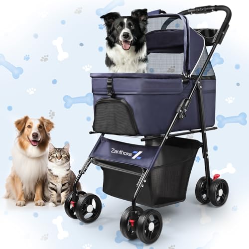 Dog Stroller for Medium Dogs 20 lbs, Pet Stroller for Small Dogs and Cats with 4 Wheels, Easily Folding & Compact Portable, Up to 45 Ibs with Detachable Basket, Cup Holder and Breathable Mesh