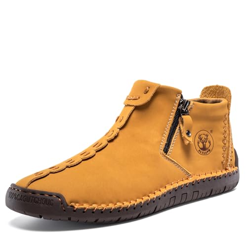 FLYLAND Men's Casual Leather Handmade Fashion Sneakers Ankle Chukka Boots Lightweight Mid-top Dress Shoes Walking Driving Shoe3