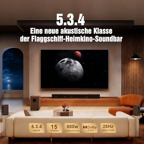Flaggschiff 5.3.4 Soundbar für TV Geräte mit Dolby Atmos, 800W Heimkino Soundsystem mit Subwoofer, 2 Kabellosen Rücklautsprechern, Lautsprecher für Fernseher, BassCoupling-Technologie für 28 Hz, eARC – Bild 5