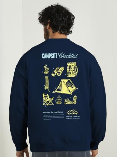 Image of Nobero Men's Graphic Printed Oversized Sweatshirt | Cotton Rich Fleece Round Neck Pullover | Relaxed Fit Casual Winter Wear for Men