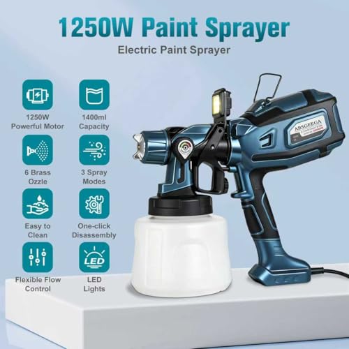 Image of Paint Sprayer, 1250W Electric Paint Sprayer 6 Copper Nozzles 3 Patterns 47oz (1400ml) Large Capacity with LED Easy to Clean, Paint Sprayer for House Painting Furniture Walls Fence Cabinets DIY