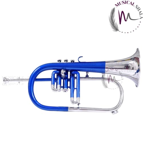 Musical Shala Flugelhorn 3 Valve In Variety Of Colors Best For Student, Intermediate Or Advanced Brass Musical Instruments With Free Hard Case, Mouthpiece, Spring Set & Pair Of Gloves (Blue Nickel) #TOP1