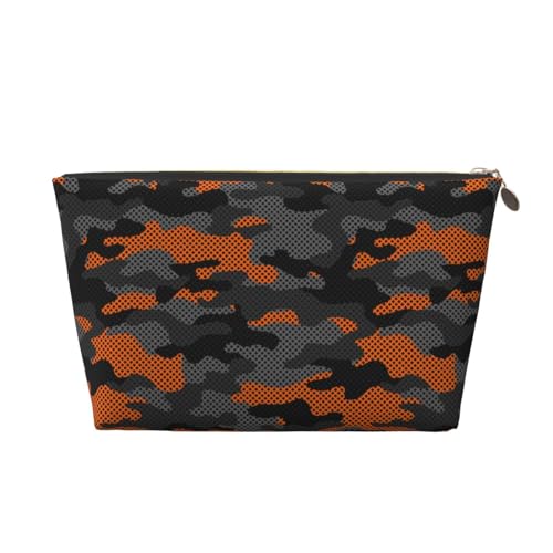 VOSERY Bolsa de maquillaje de cuero, bolsa de cosméticos, bolsa de aseo de viaje para mujer, organizador de bolsa de maquillaje de camuflaje gris naranja, bonita bolsa de maquillaje, bolsa de