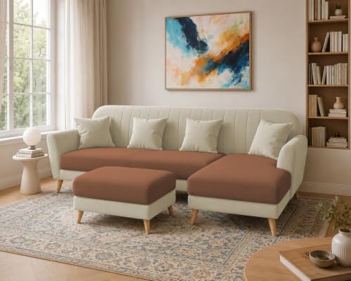 Image of Atticus RHS 6 Seater L Shape Sofa Set with Ottoman Living Room (Cream Brown Colour Fabric) Premium Fabric Sofa Set for Living Room