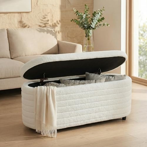 Ya-Home Storage Teddy Ottoman Bench Upholstered Fabric Storage Bench End of Bed Stool with Safety Hinge for Bedroom, Living Room, Entryway, Closet(113cm, White)