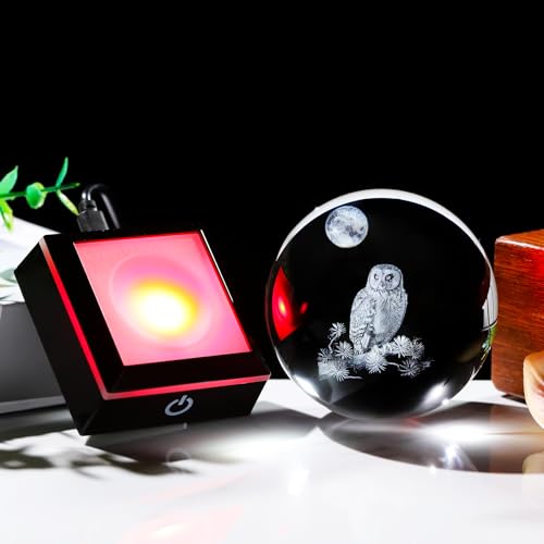 Image of Arikyrist 3D Owl Crystal Ball Figurine with LED Base Laser Owl Gifts for Men Women Owl Lovers on Christmas Birthday Decorative Owl Statue Ball Glass Animals Globe Night Light for Home Decor (80mm)