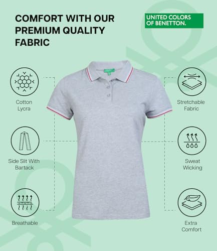 Image of UNITED COLORS OF BENETTON Women's Cotton Lycra Half Sleeves Plain Stylish Regular Fit Polo T-Shirt with Coloured Collar Tipping
