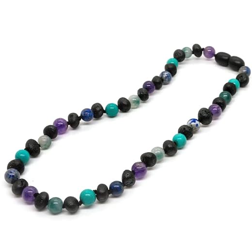 Baltic Essentials Raw Cherry Necklace with Jade Amethyst Lapis Turquoise 12.5"