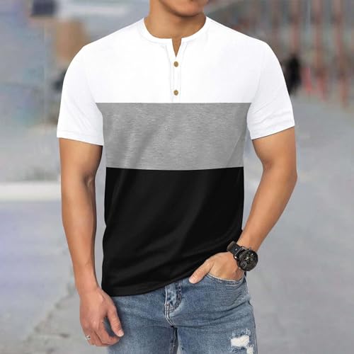 Mens Henley Tshirts Casual Color Block Crewneck Short Sleeve Tops Summer Fashion Loose Fit Comfy Running Sports Shirt2