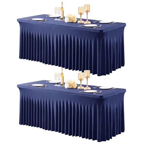 2 Packs Navy Blue Spandex Tableclothes for 8 Foot Rectangle Table, Spandex Table Covers 8FT Stretch Table Skirts Rectangle Wrinkle Free Fitted Tablecover for Event, Wedding, Banquet & Parties