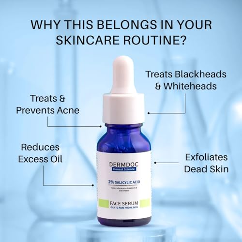 Image of DERMDOC 2% Salicylic Acid Face Serum (30 ml) | For Blackheads & Whiteheads | Targets Active Acne | Calms Irritation & Unclogs Pores