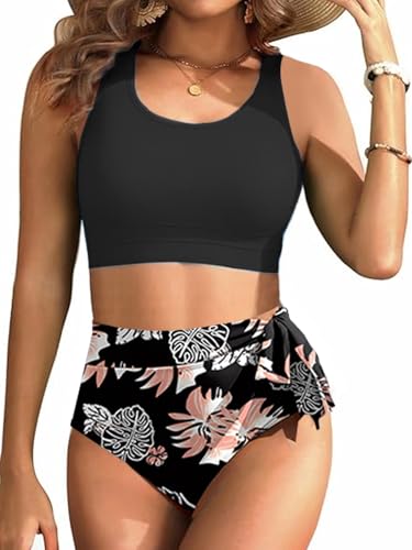 Rayson Traje de Baño para Mujer de 2 Piezas Cintura Alta Estampado Floral Conjunto de Bikini Lazos Laterales（Negro Floral,M）