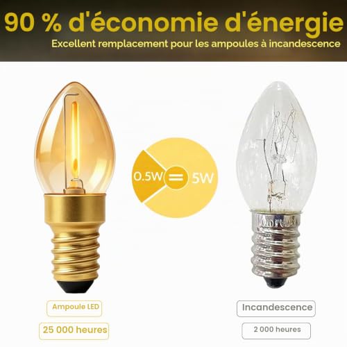 Wieyily Ampoule Veilleuse LED E14 0.5W, C7 Mini Ampoules Bougie Blanc Chaud 2200K, Ampoule E14 Filament LED Vintage Ambrée pour Lampe de Sel, Décorative, 5W Équivalent, Non Dimmable, Lot de 2 – vue 4