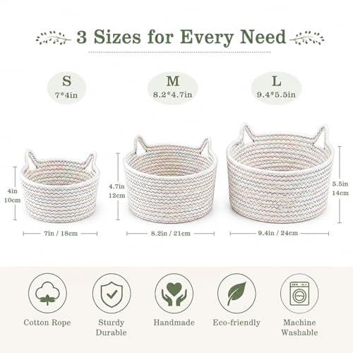 Image of Small Woven Baskets | Mini Storage Bins | Cotton Rope Baby Nursery Organizers | Cute Round Cat Ears Basket for Organizing Desk Decor Kids Toy Dog Cat Baby Girls Gift-Set of 3 (White mixed Colors)