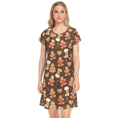 JHKKU Christmas Gingerbread Cookies Nightgowns for Women Pajamas Dress Short Sleeves Shirt Casual Loungewear Sleepwear L