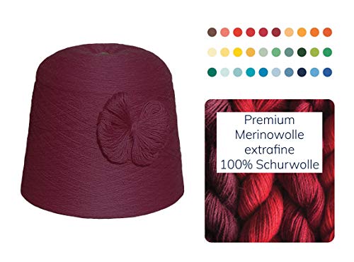 Strickwolle 1 kg 1000g Merinowolle Extrafine 100% Schurwolle Schafwolle Handstrick Wolle zum Stricken Häkelwolle Häkeln Garn Nadel 2,5 3 3,5 4 - Rot Weinrot