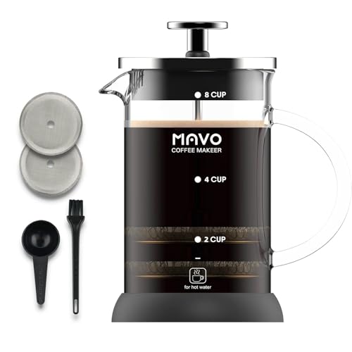 French Press Coffee Maker Stainless Steel Cold Brew Heat Resistant Glass Coffee & Tea Maker with 2 Filter (1000ml/34oz)