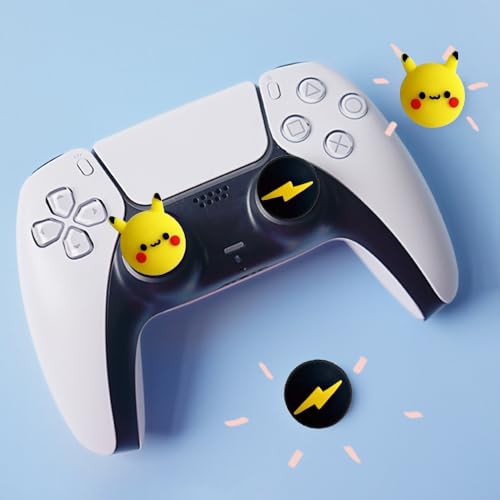 Image of PERFECTSIGHT Cute Thumb Grip Caps for Switch 2, PS5 PS4 Xbox Series X /S Xbox One Switch PRO Controller Steam Deck, 4PCS Soft Rubber 3D Thumbsticks Button Joystick Cover Set, Yellow Pika