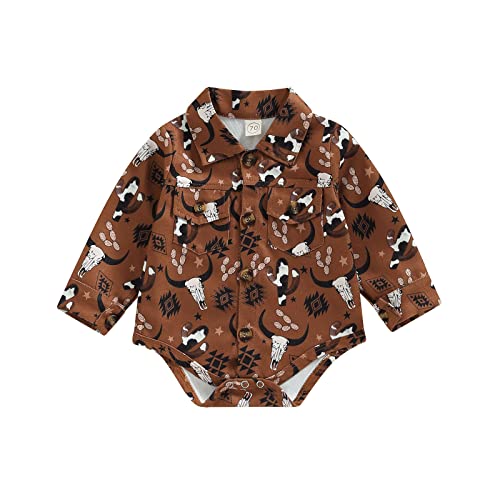 Image of Karuedoo Western Baby Boy Clothes Cow Print Shirt Romper Infant Long Sleeve Button Down Bodysuit Onesie Gentleman Outfit